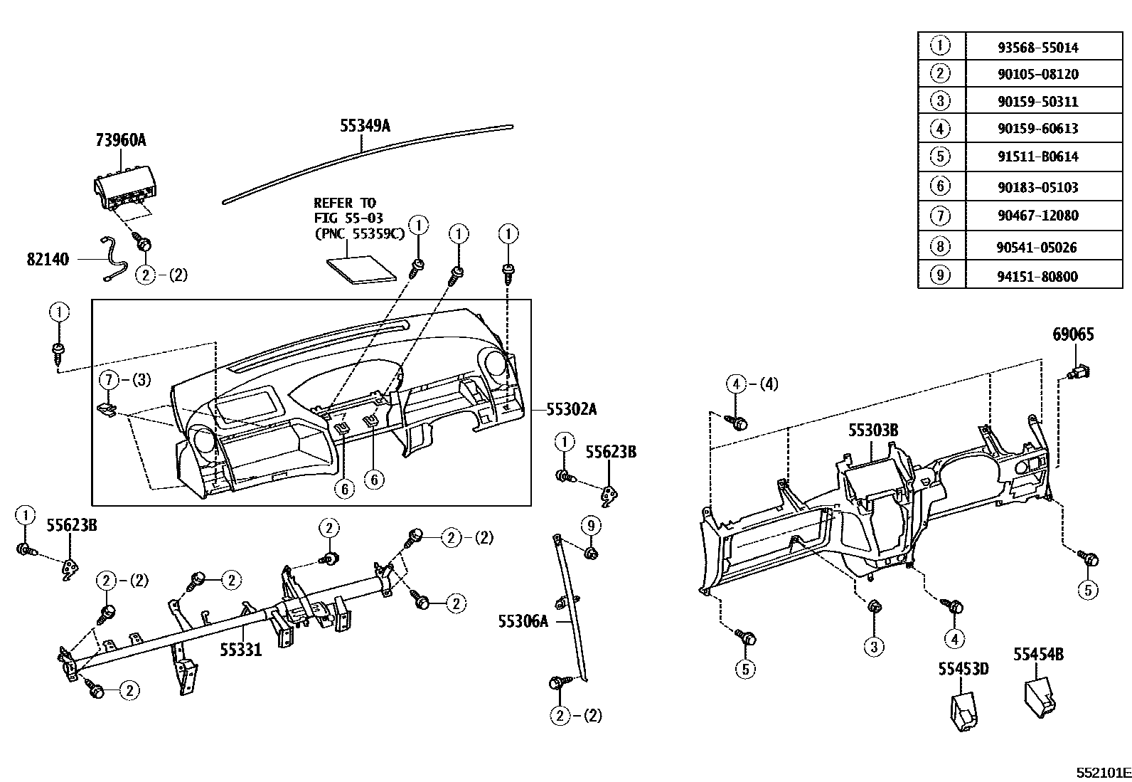 Toyota YARIS 仪表板和手套箱 EPC diagram — 552101E