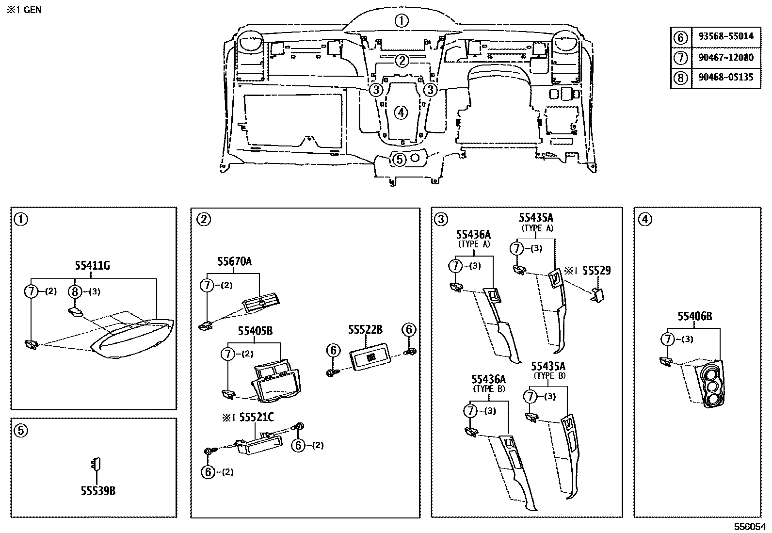 Toyota YARIS 仪表板和手套箱 EPC diagram — 556054