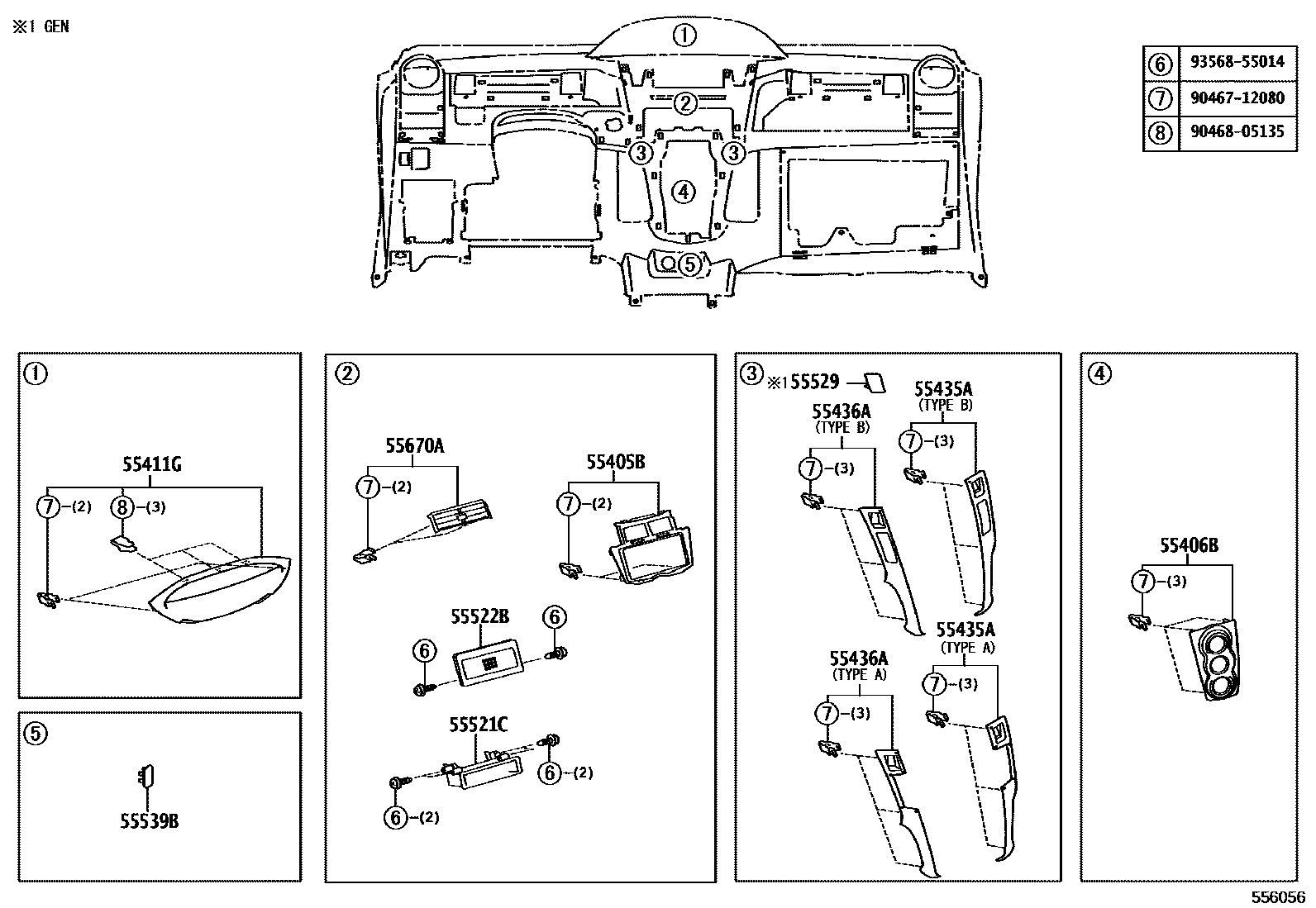 Toyota YARIS 仪表板和手套箱 EPC diagram — 556056