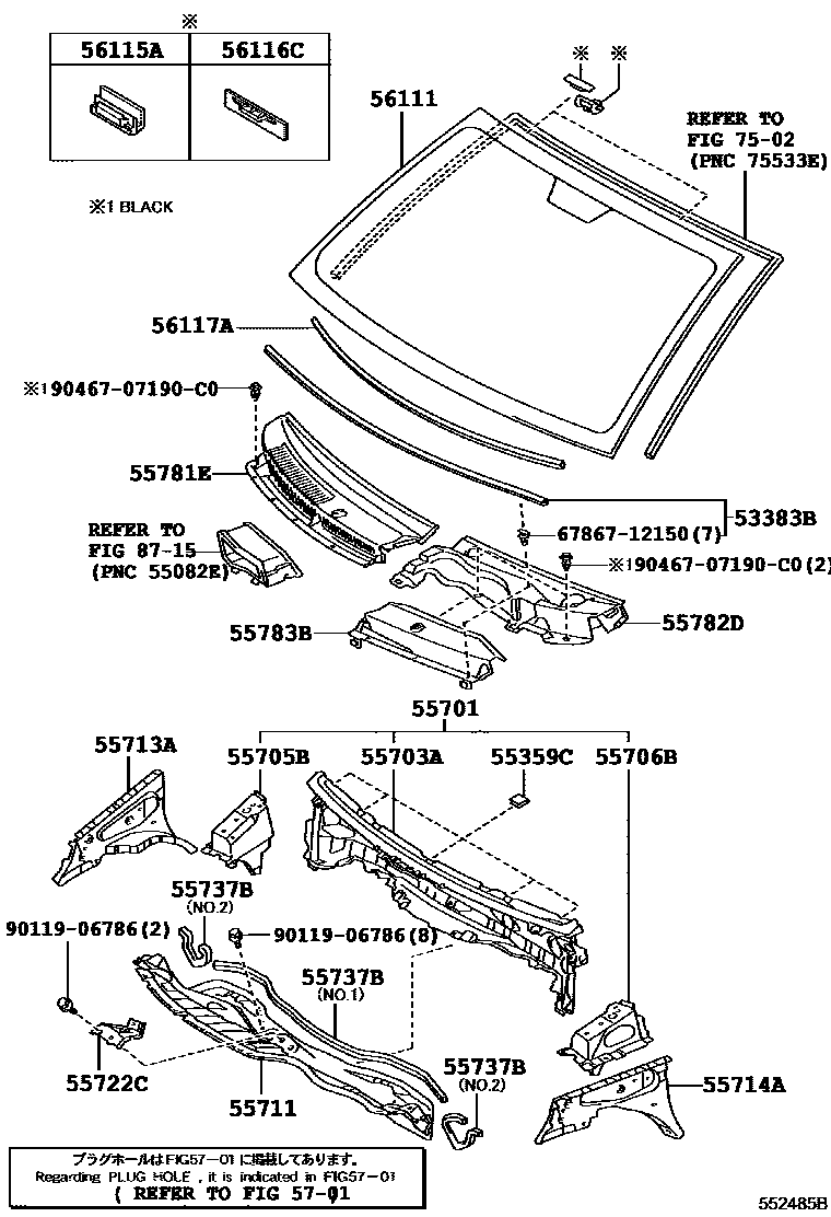 Toyota YARIS 前围板和挡风玻璃 EPC diagram — 552485B