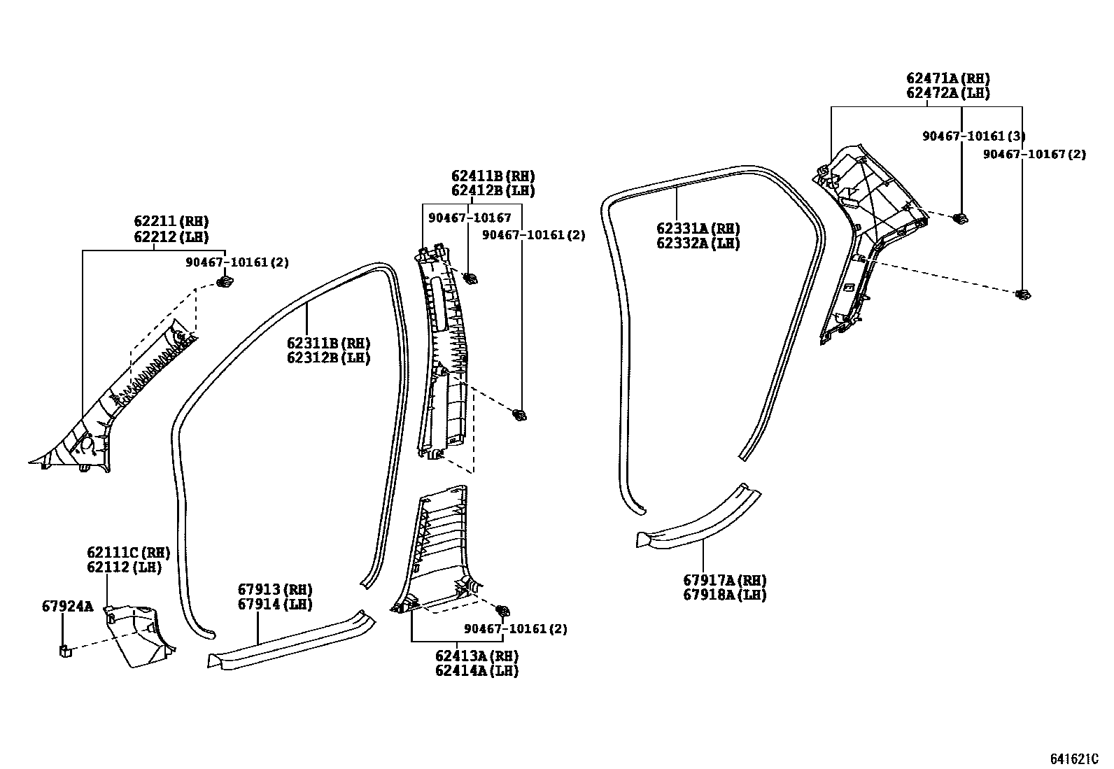 Toyota YARIS 内饰板和车门防水胶条 EPC diagram — 641621C