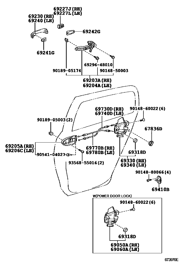 Toyota YARIS 后门锁和后门把手 EPC diagram — 673970E