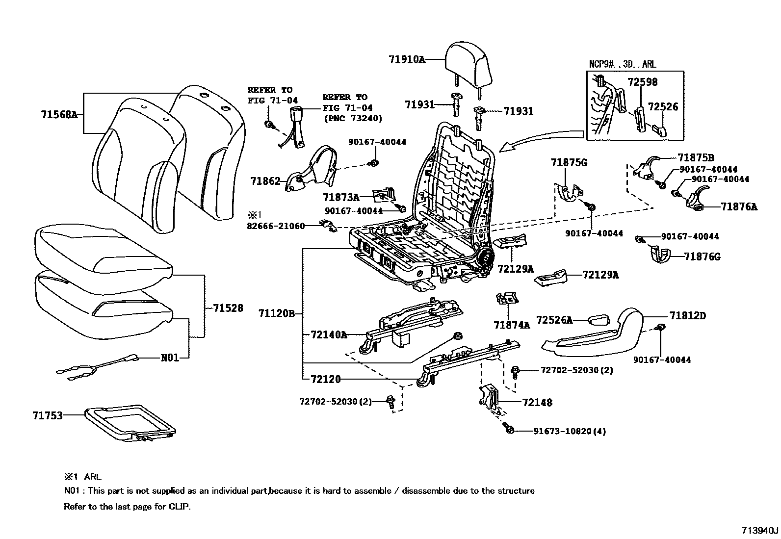 Toyota YARIS 前排座椅和座椅滑轨 EPC diagram — 713940J