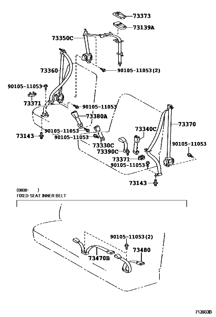 Toyota YARIS 安全带和儿童保护座椅 EPC diagram — 713933B