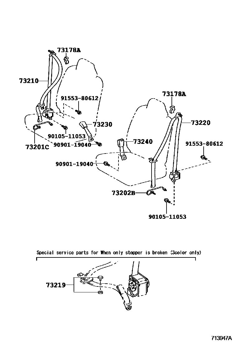 Toyota YARIS 安全带和儿童保护座椅 EPC diagram — 713947A