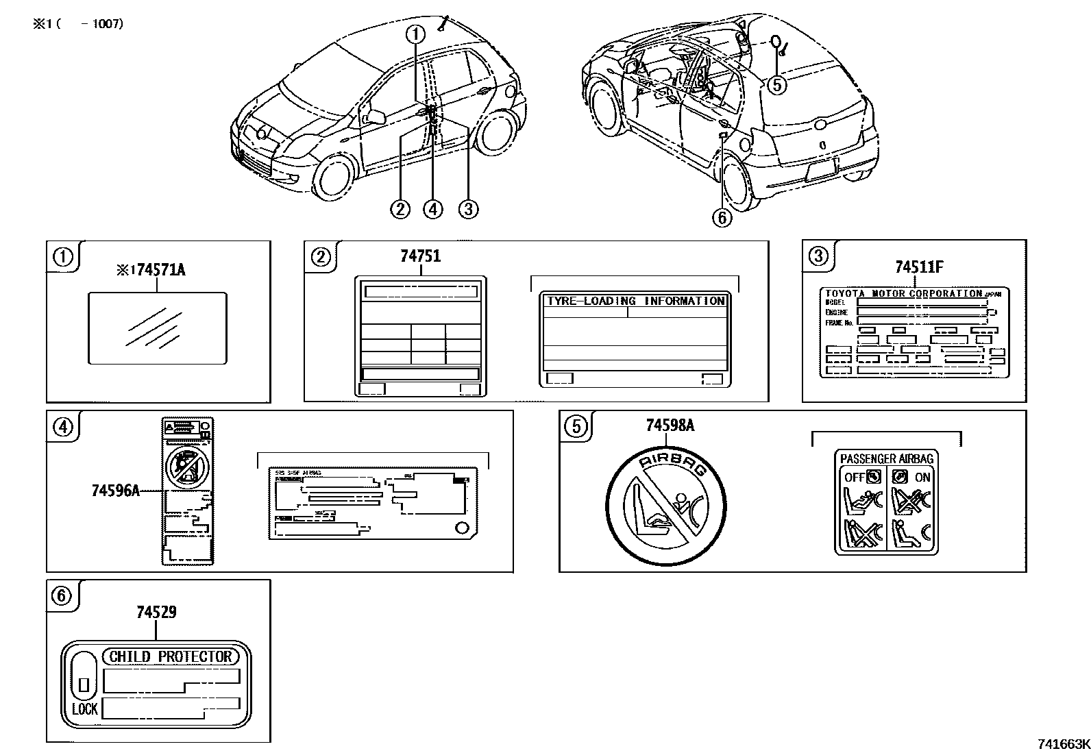Toyota YARIS 警示铭牌(车外和车内) EPC diagram — 741663K