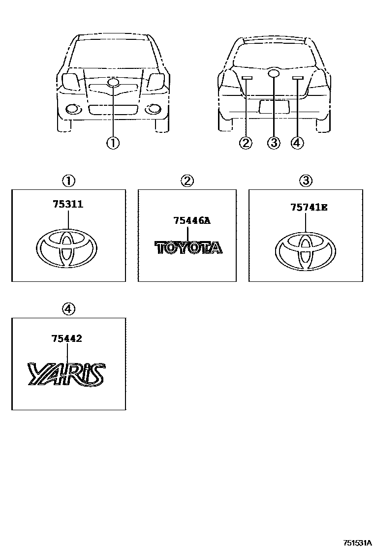 Toyota YARIS 丰田徽标和铭牌(车外和车内) EPC diagram — 751531A