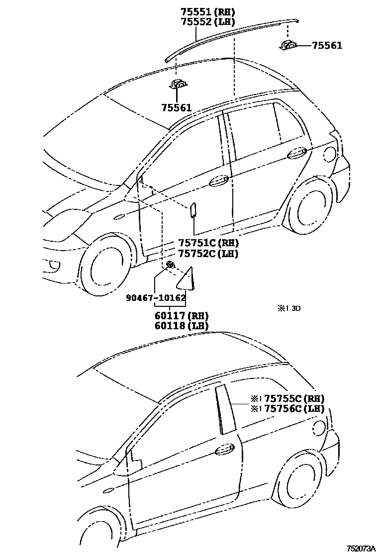 Toyota YARIS 侧防护条 EPC diagram — 752073A