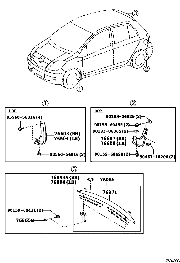 Toyota YARIS 挡泥板和扰流板 EPC diagram — 760489C
