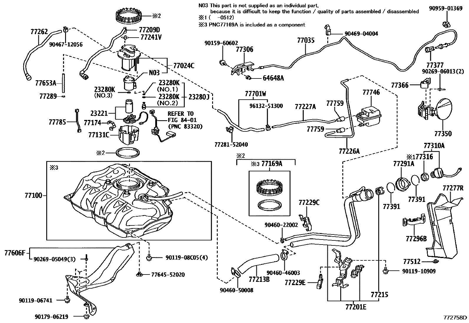 Toyota YARIS 燃油箱和燃油管 EPC diagram — 772758D