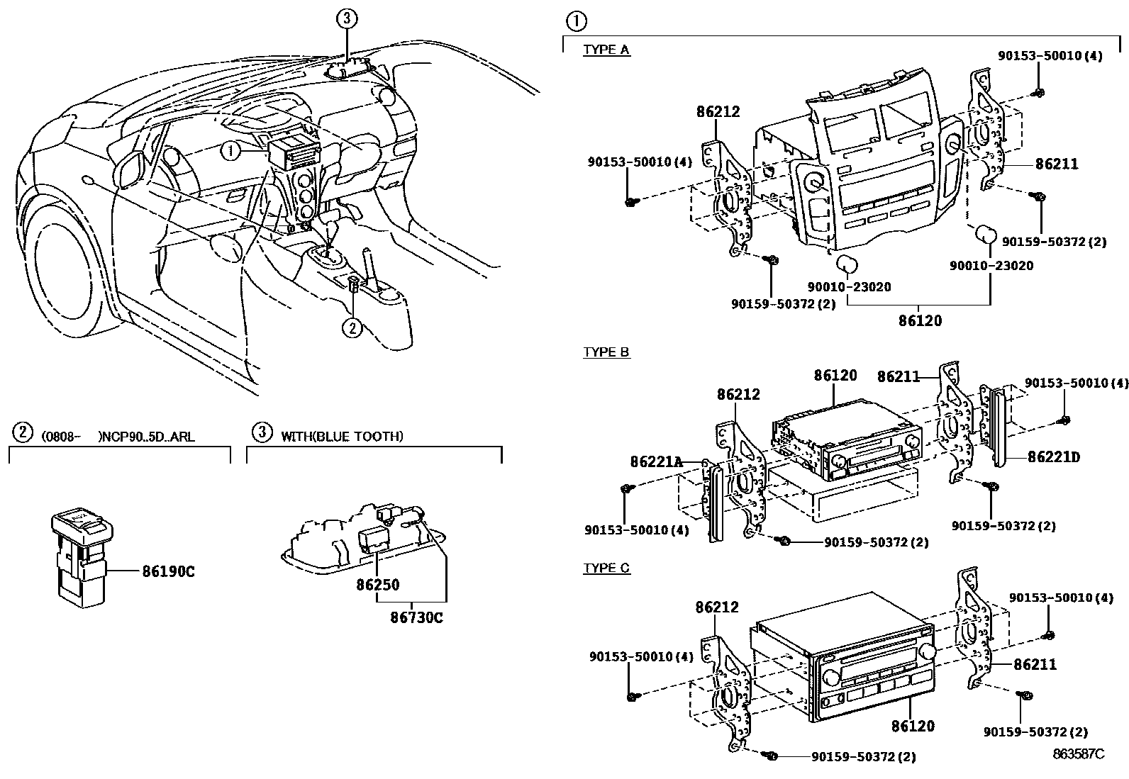 Toyota YARIS 收音机、放大器和冷凝器 EPC diagram — 863587C