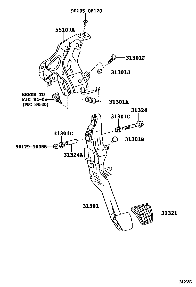 Toyota YARIS 离合器踏板和挠性软管 EPC diagram — 312555