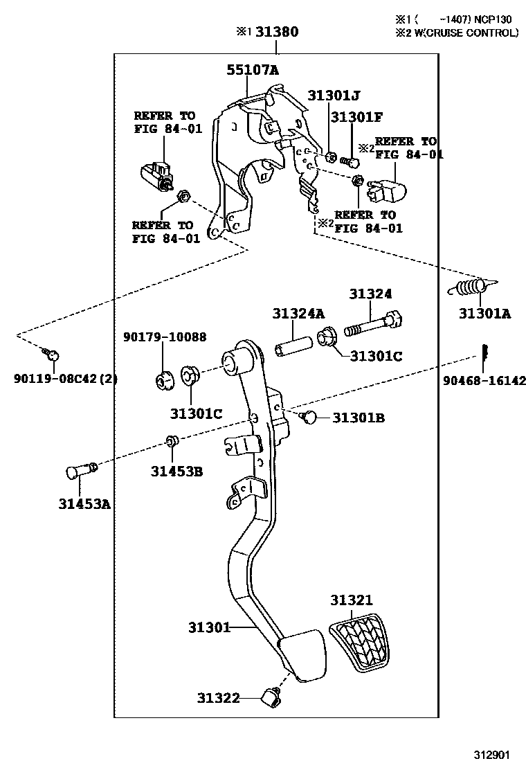 Toyota YARIS 离合器踏板和挠性软管 EPC diagram — 312901