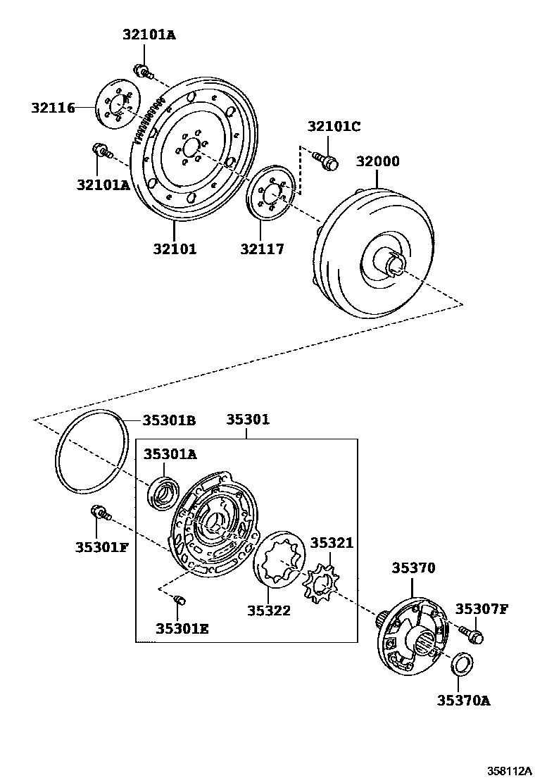Toyota YARIS 变矩器、前油泵和链条(ATM) EPC diagram — 358112A