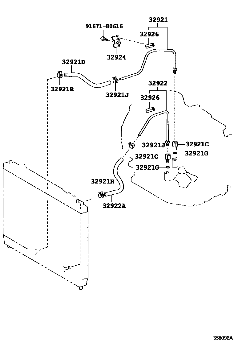 Toyota YARIS 变速器油冷却器和配管(ATM) EPC diagram — 358098A