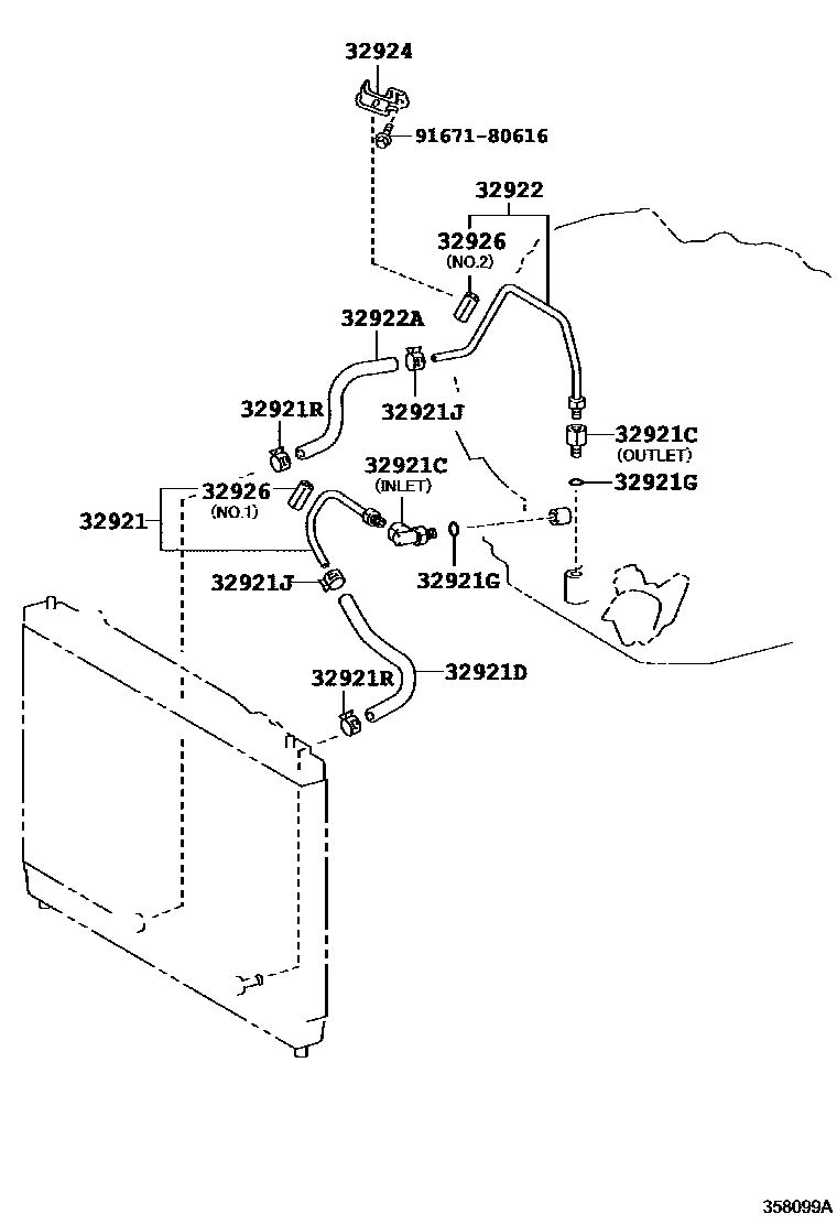 Toyota YARIS 变速器油冷却器和配管(ATM) EPC diagram — 358099A