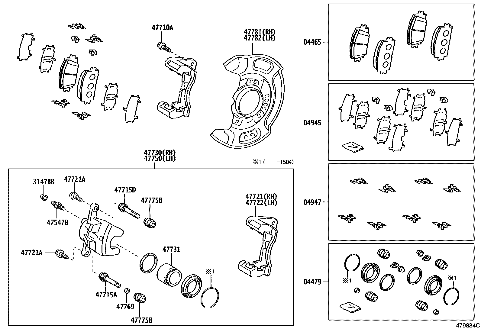 Toyota YARIS 前盘式制动器卡钳和防尘罩 EPC diagram — 479834C
