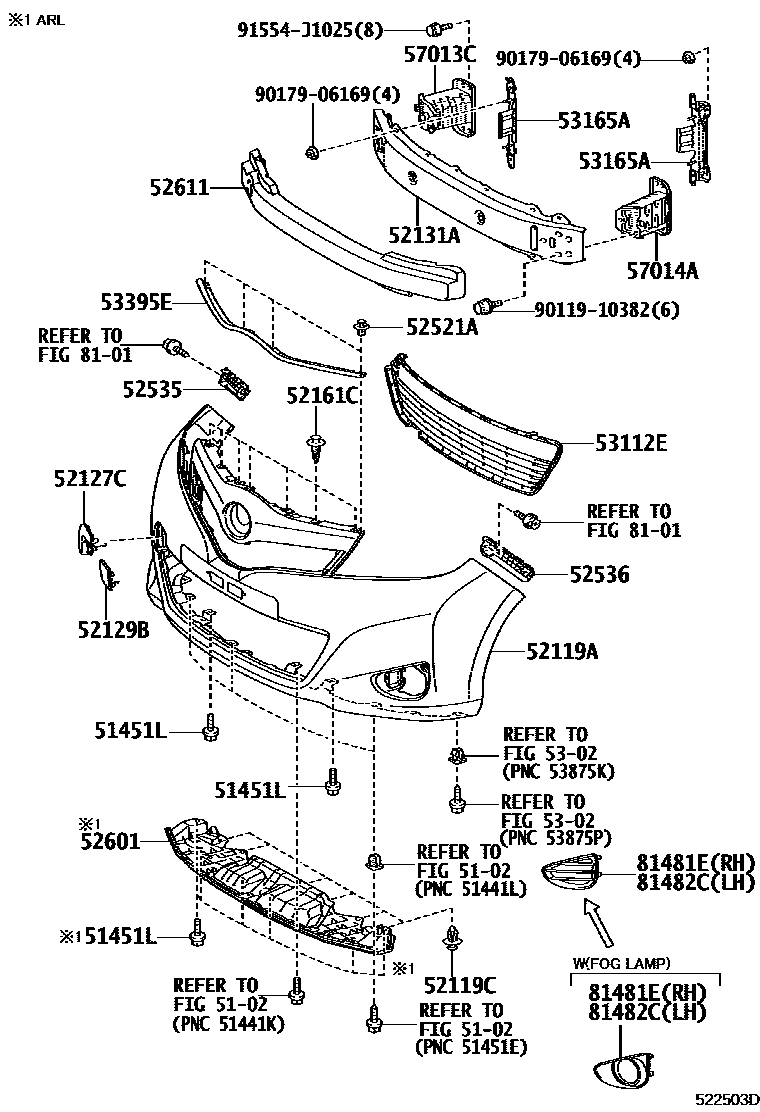 Toyota YARIS 前保险杠及附件 EPC diagram — 522503D
