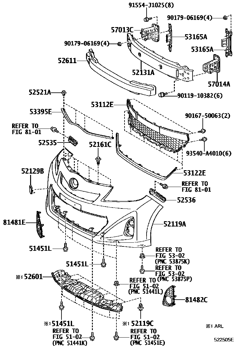 Toyota YARIS 前保险杠及附件 EPC diagram — 522505E