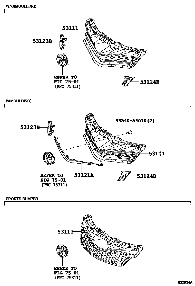 Toyota YARIS radiator grille EPC diagram — 533534A