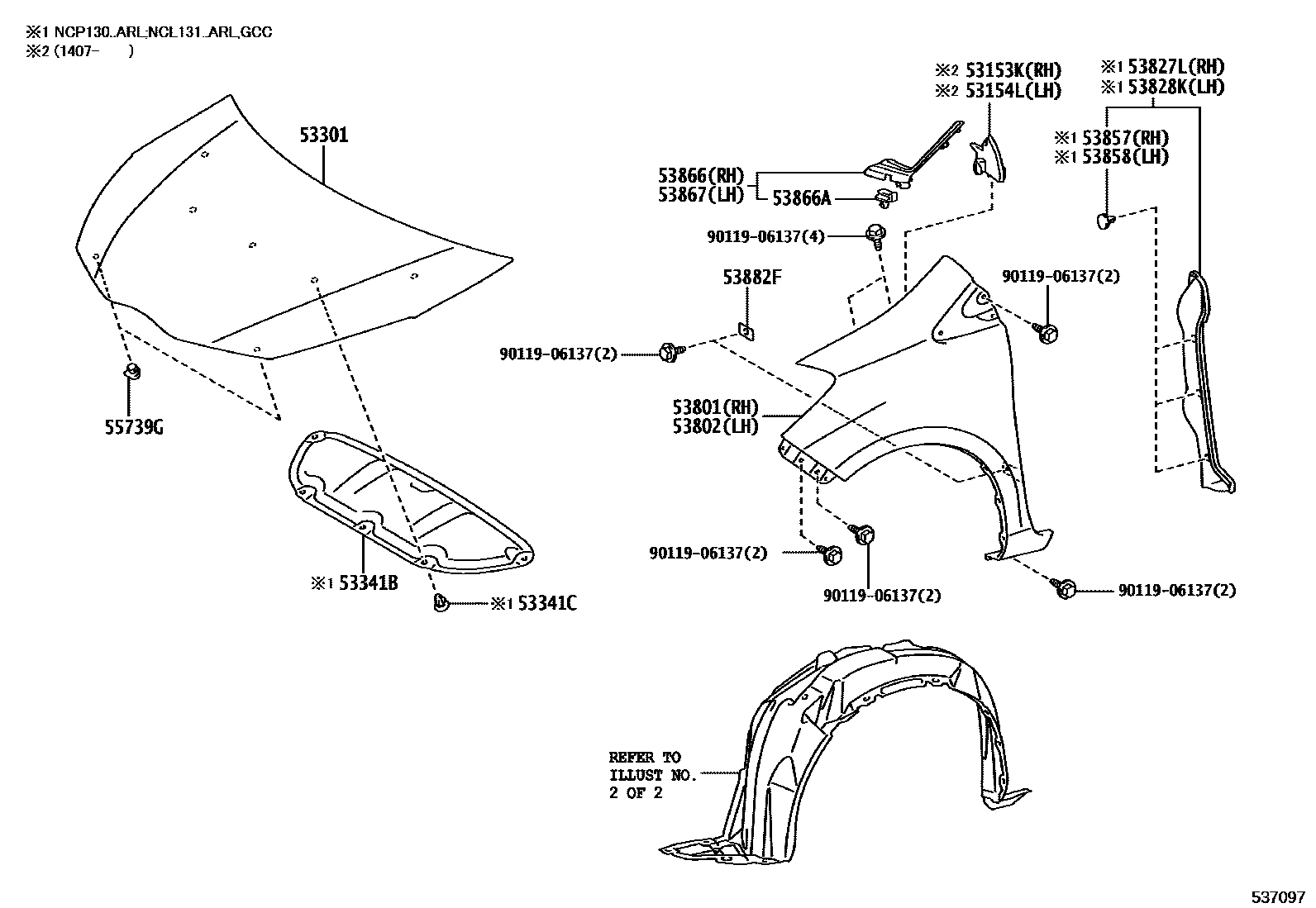 Toyota YARIS 发动机盖和前翼子板 EPC diagram — 537097