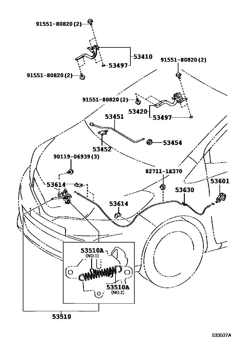 Toyota YARIS 发动机盖锁和铰链 EPC diagram — 533537A