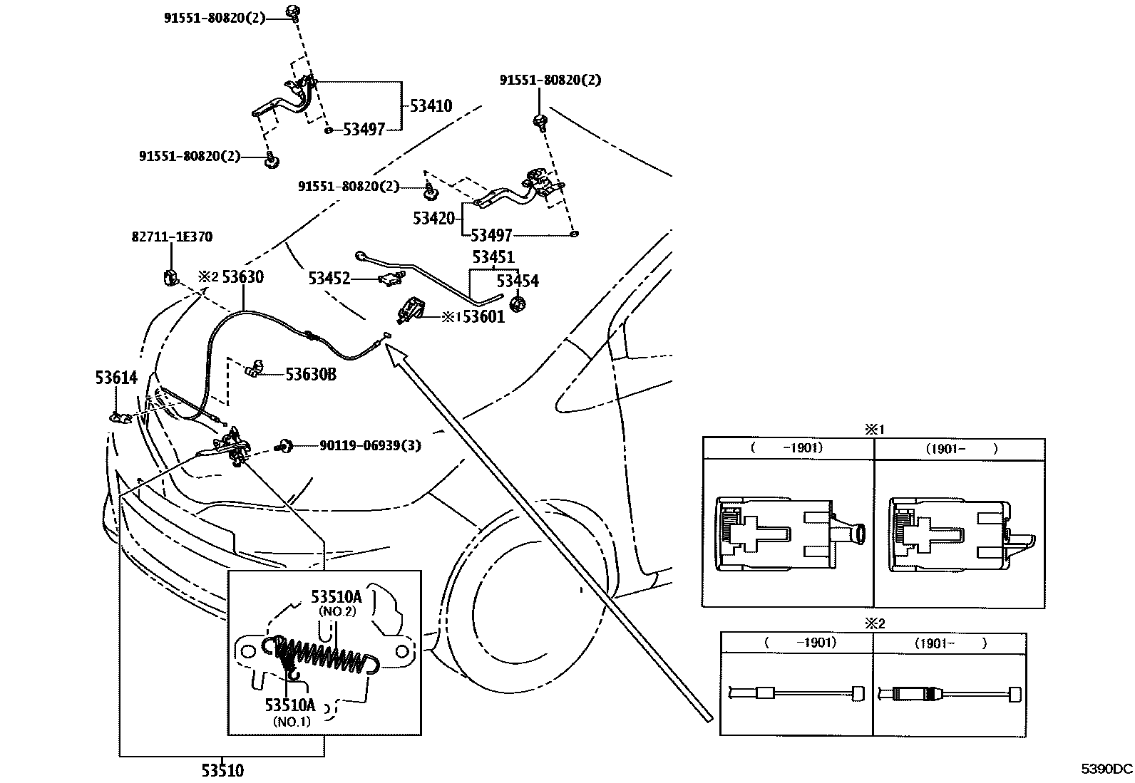 Toyota YARIS 发动机盖锁和铰链 EPC diagram — 5390DC
