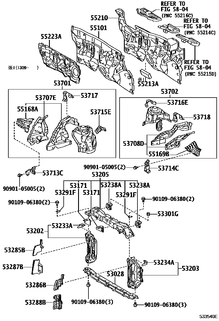 Toyota YARIS 前翼子板挡泥板和前围板 EPC diagram — 533540E