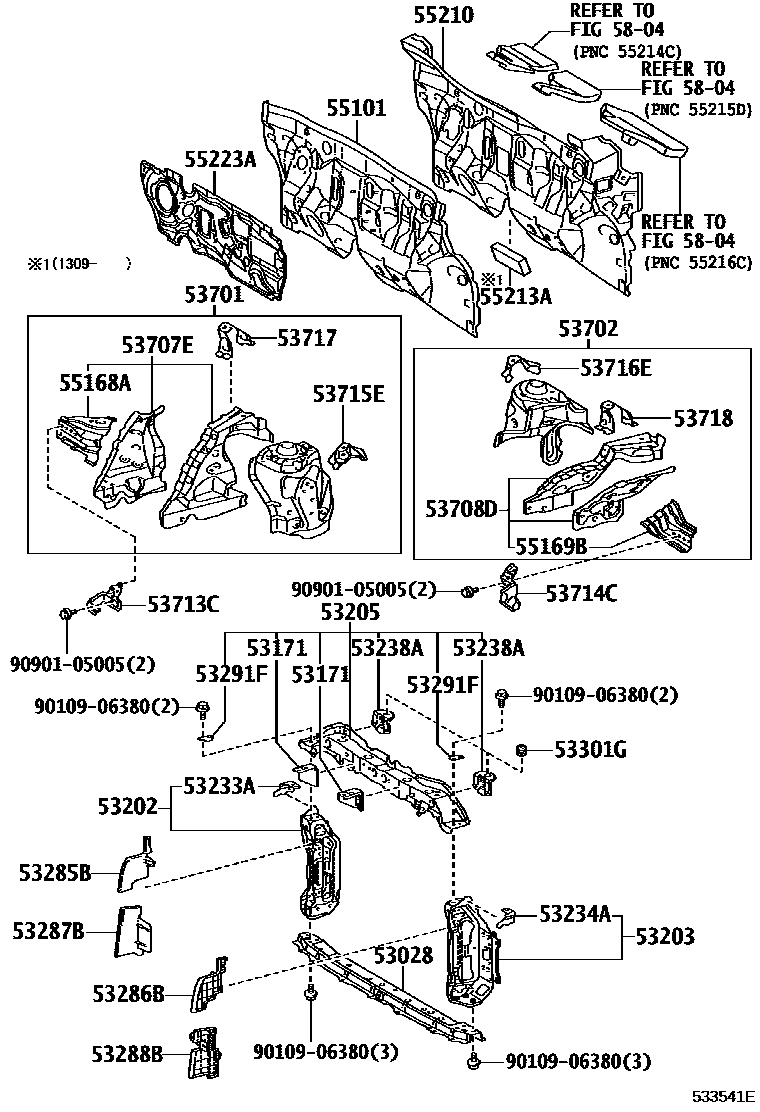 Toyota YARIS 前翼子板挡泥板和前围板 EPC diagram — 533541E