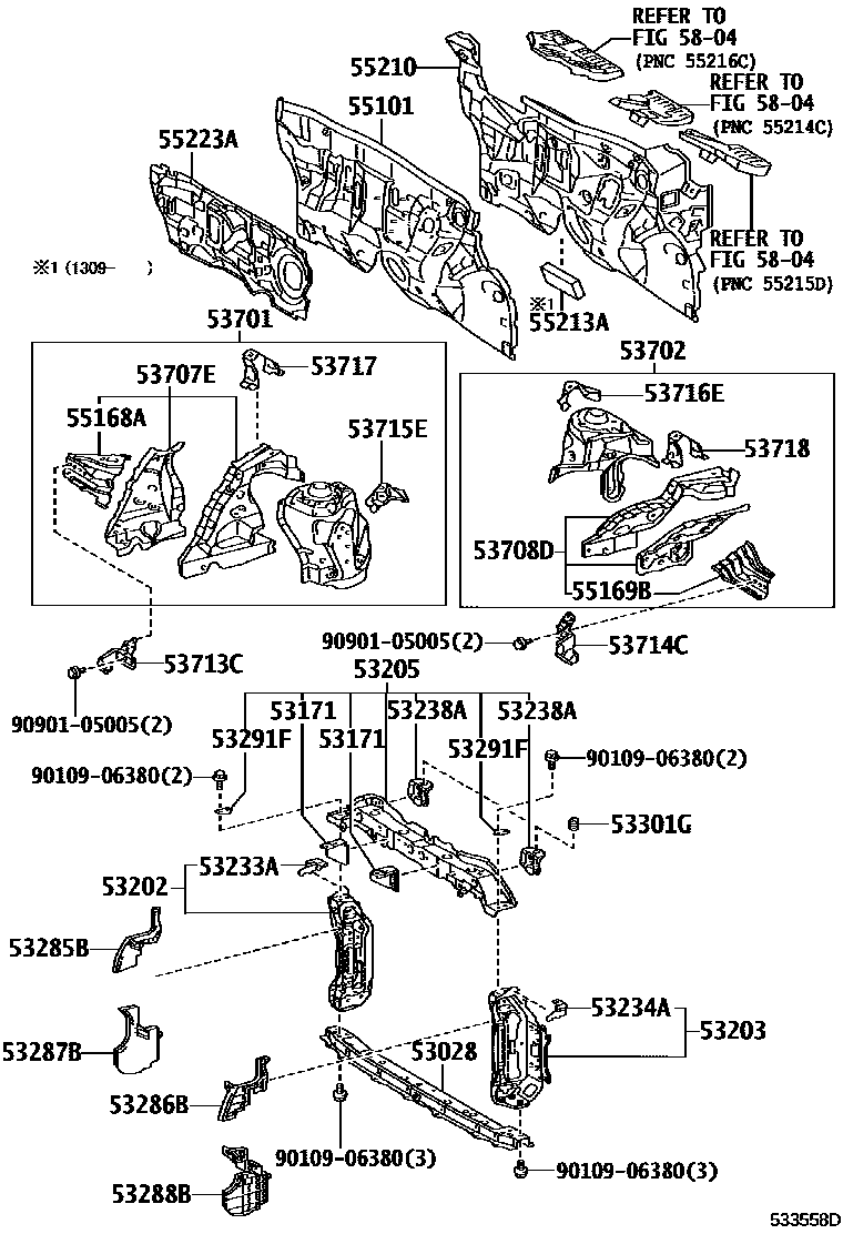 Toyota YARIS 前翼子板挡泥板和前围板 EPC diagram — 533558D