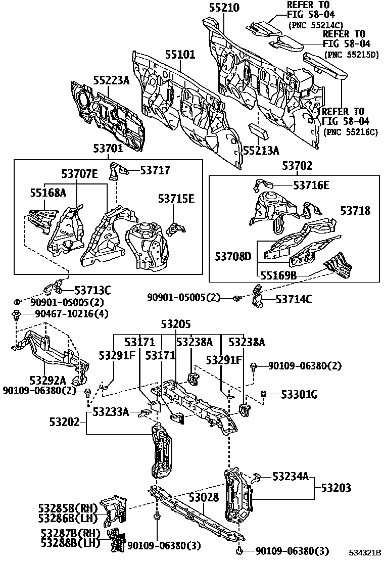 Toyota YARIS 前翼子板挡泥板和前围板 EPC diagram — 534321B
