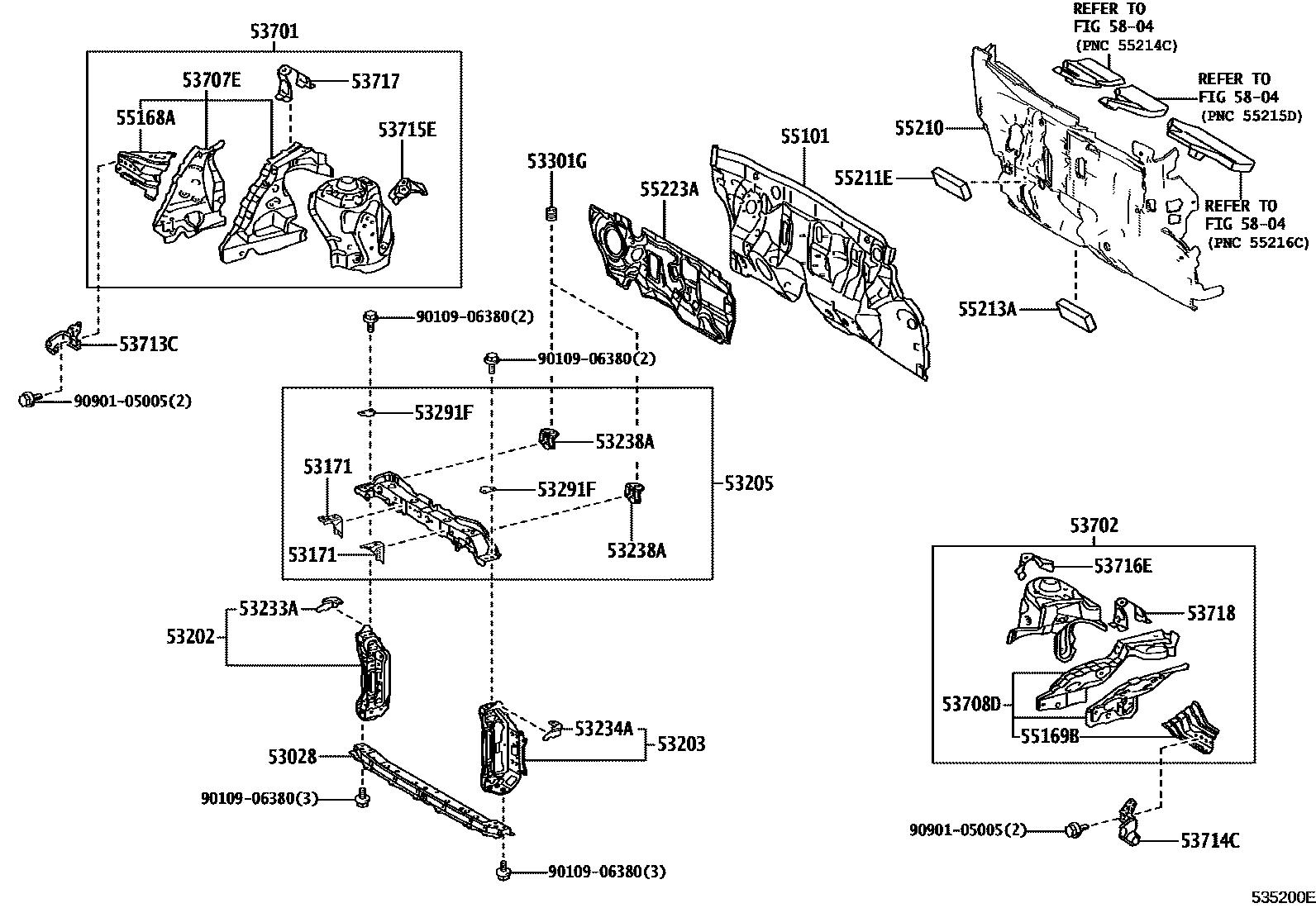 Toyota YARIS 前翼子板挡泥板和前围板 EPC diagram — 535200E
