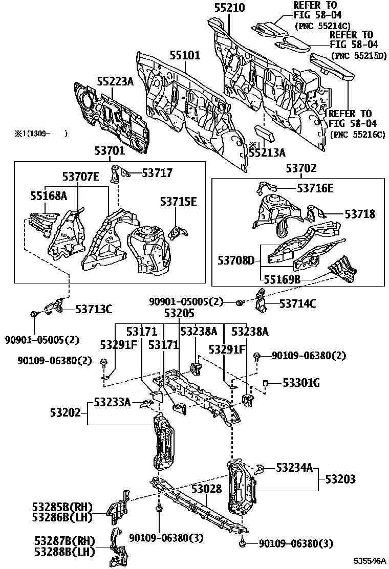 Toyota YARIS 前翼子板挡泥板和前围板 EPC diagram — 535546A