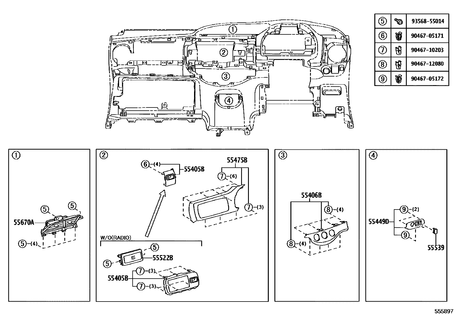 Toyota YARIS 仪表板和手套箱 EPC diagram — 555897