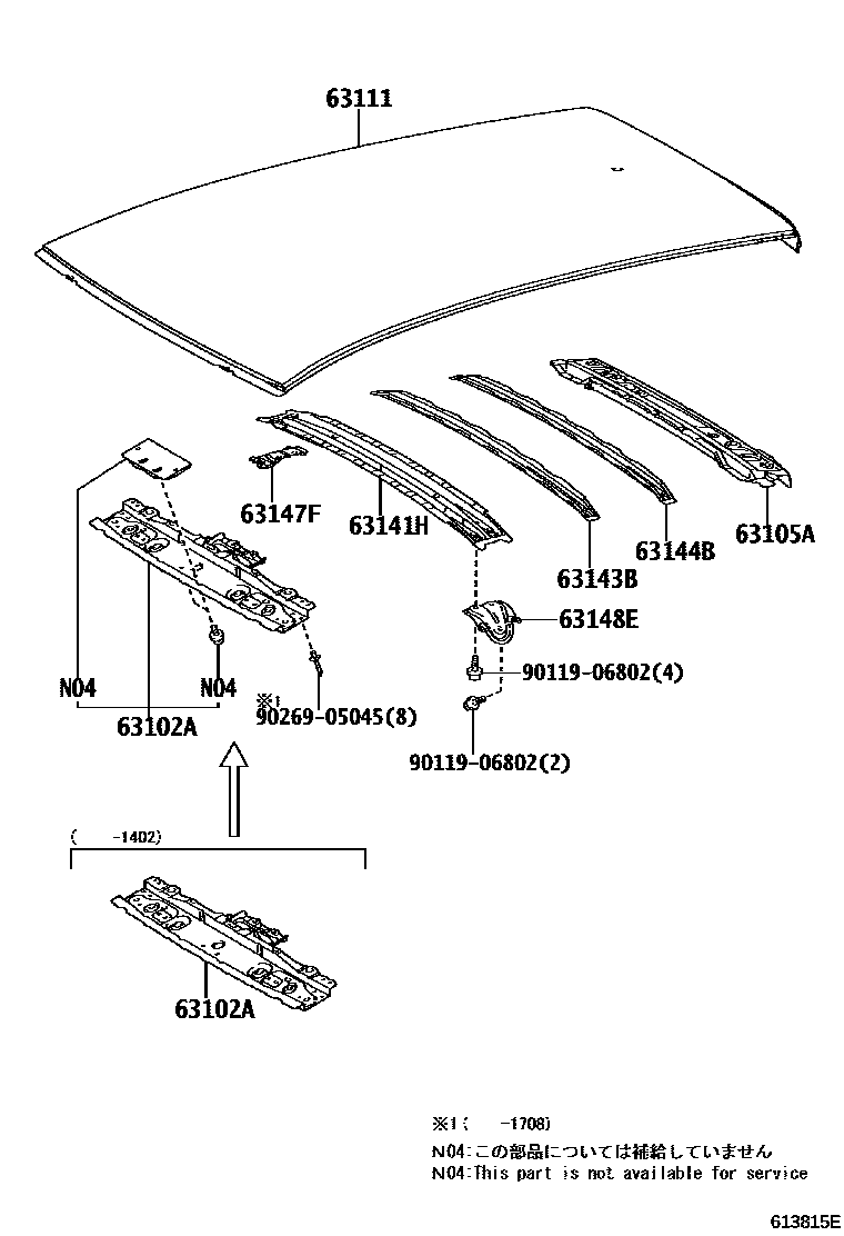 Toyota YARIS 天窗板和背窗玻璃 EPC diagram — 613815E