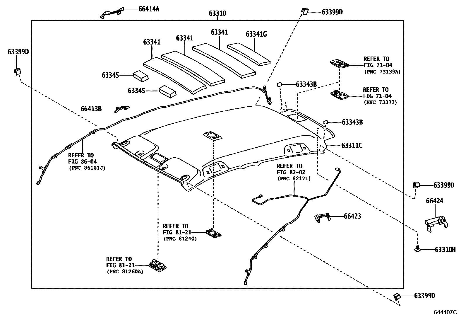 Toyota YARIS 车顶内衬和消声垫 EPC diagram — 644407C