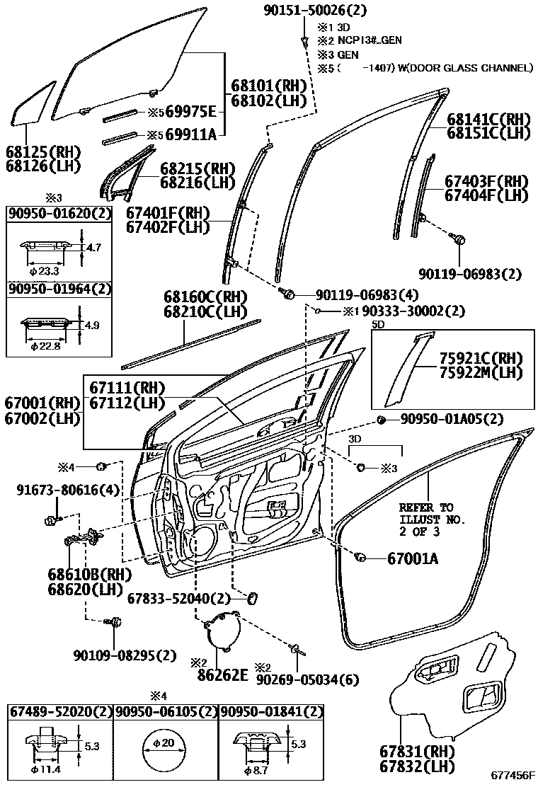 Toyota YARIS 前门板和前门玻璃 EPC diagram — 677456F