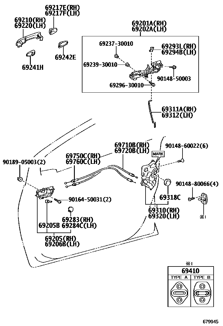 Toyota YARIS 前门锁和车门把手 EPC diagram — 679945