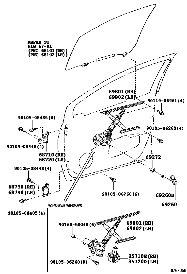 Toyota YARIS 前门车窗升降器和合页 EPC diagram — 676705B