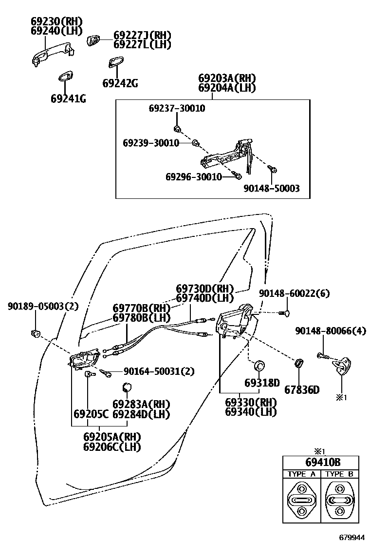 Toyota YARIS 后门锁和后门把手 EPC diagram — 679944