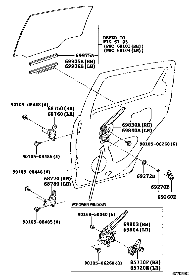 Toyota YARIS 后门车窗升降器和合页 EPC diagram — 677059C