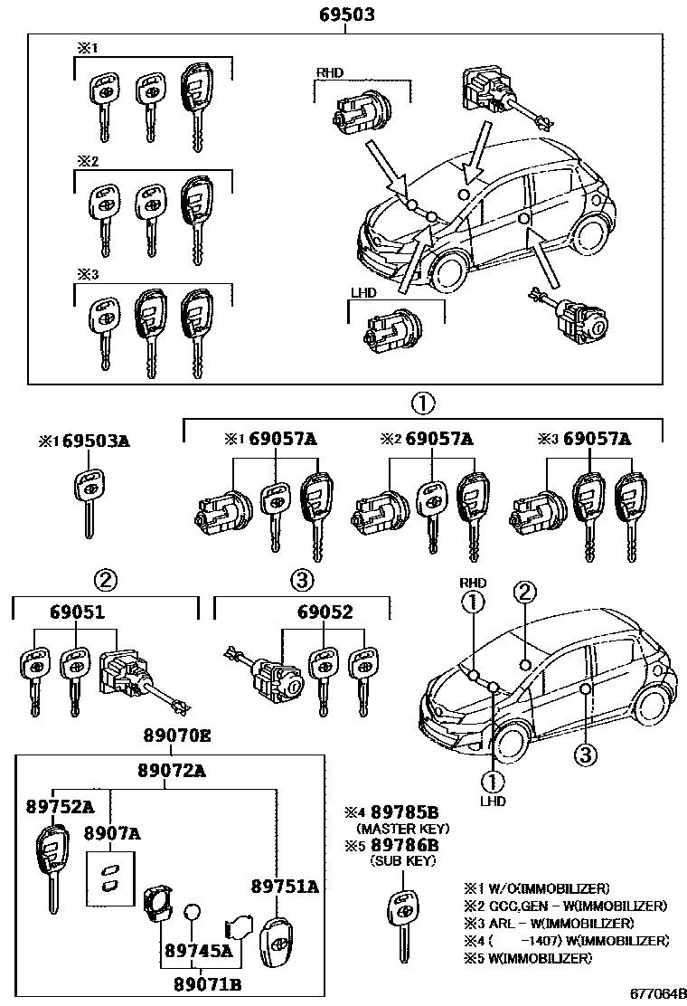 Toyota YARIS 锁芯组件 EPC diagram — 677064B