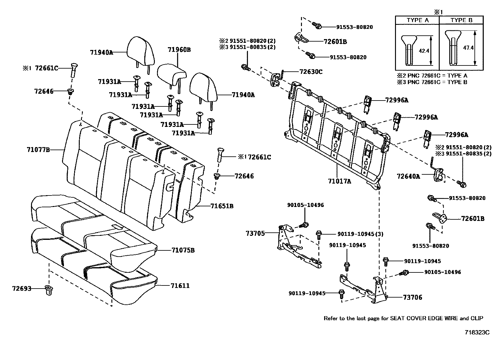 Toyota YARIS 后排座椅和座椅滑轨 EPC diagram — 718323C