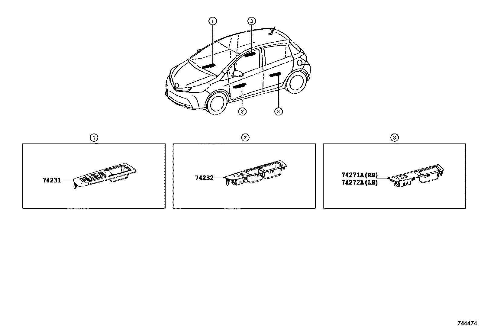 Toyota YARIS 扶手和遮阳板 EPC diagram — 744474