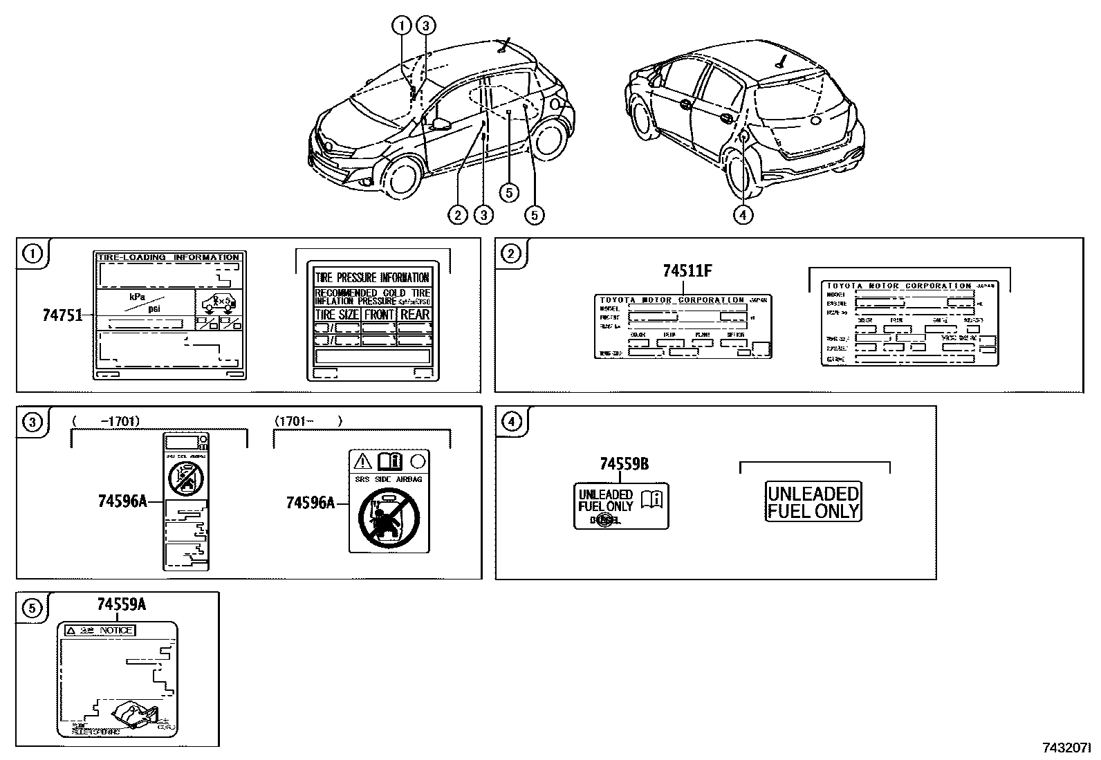 Toyota YARIS 警示铭牌(车外和车内) EPC diagram — 743207I
