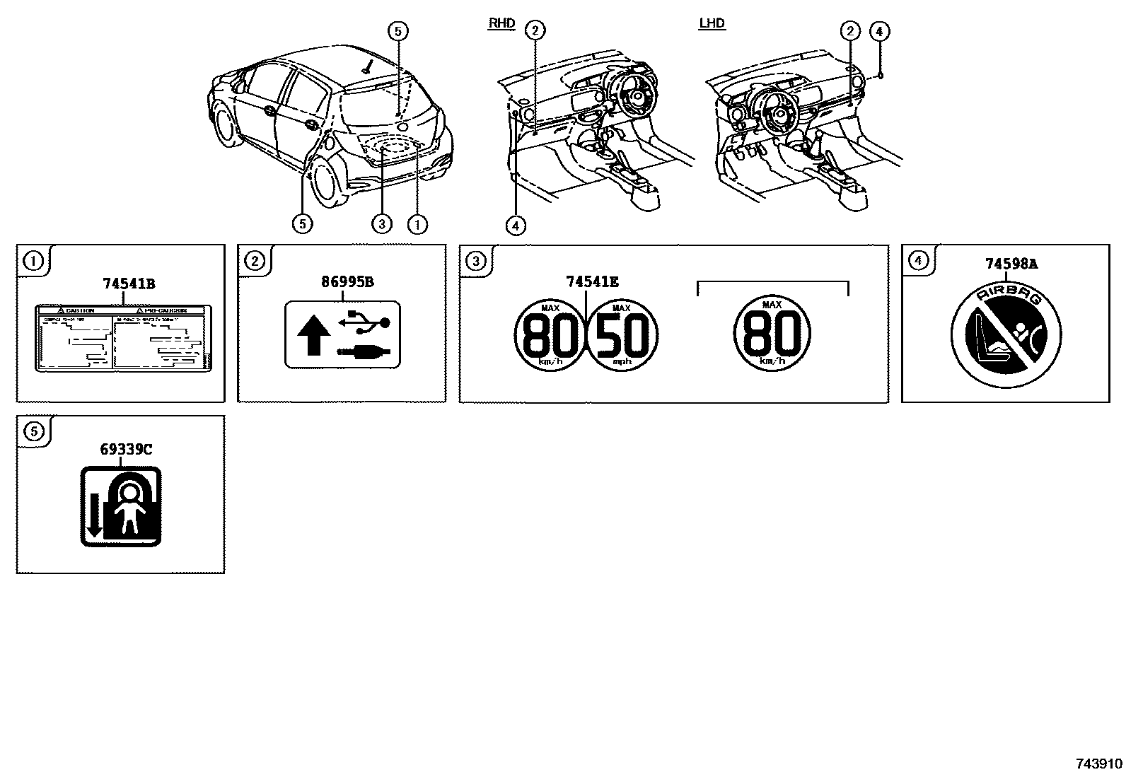 Toyota YARIS 警示铭牌(车外和车内) EPC diagram — 743910