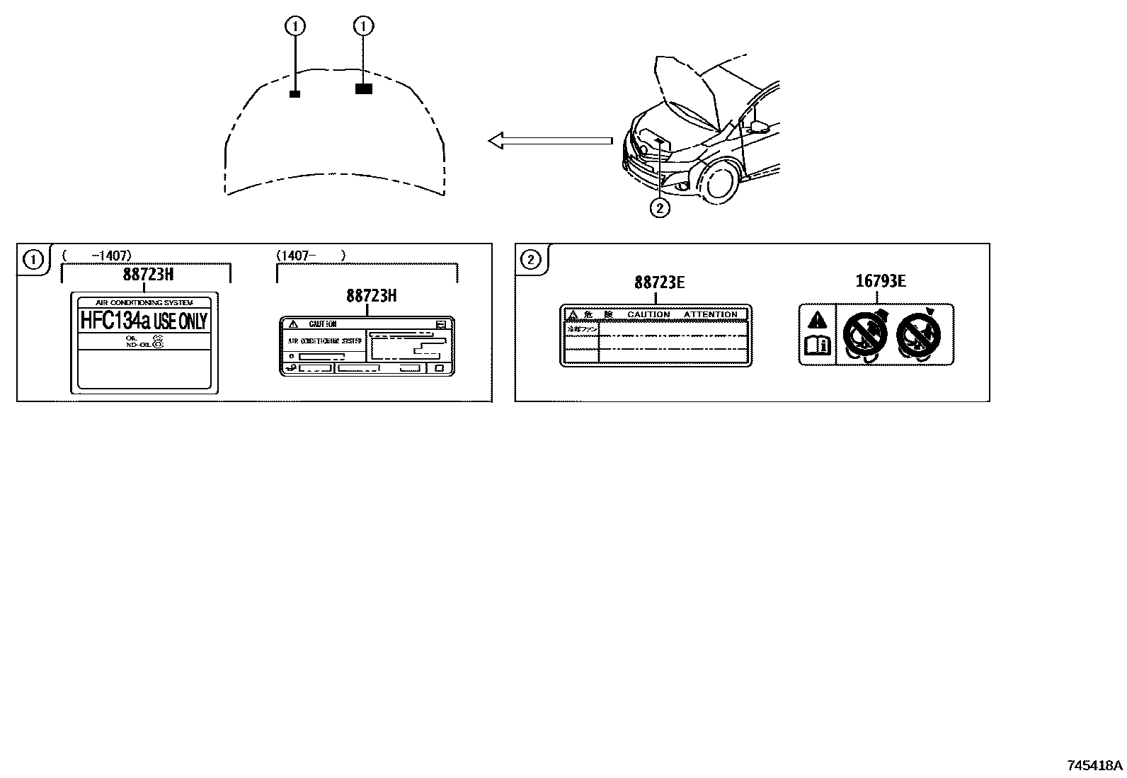 Toyota YARIS 警示铭牌(车外和车内) EPC diagram — 745418A