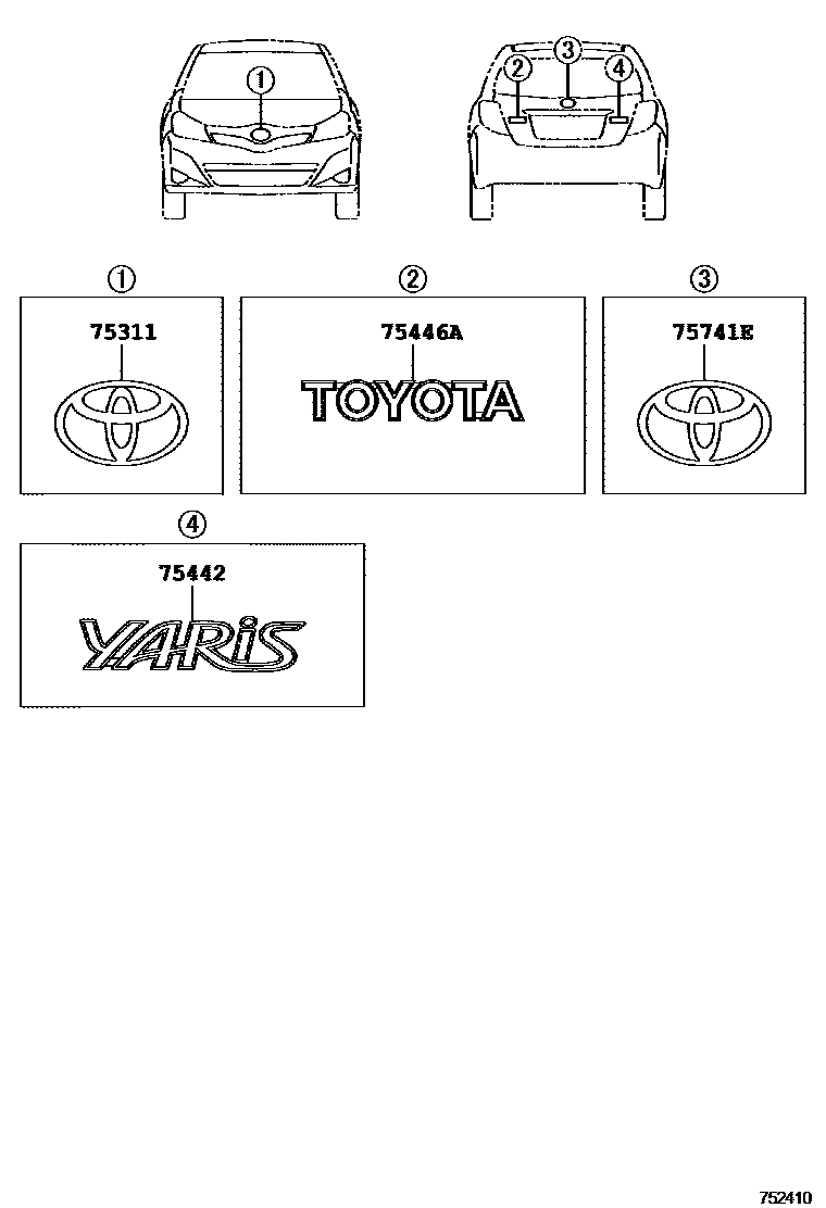 Toyota YARIS 丰田徽标和铭牌(车外和车内) EPC diagram — 752410