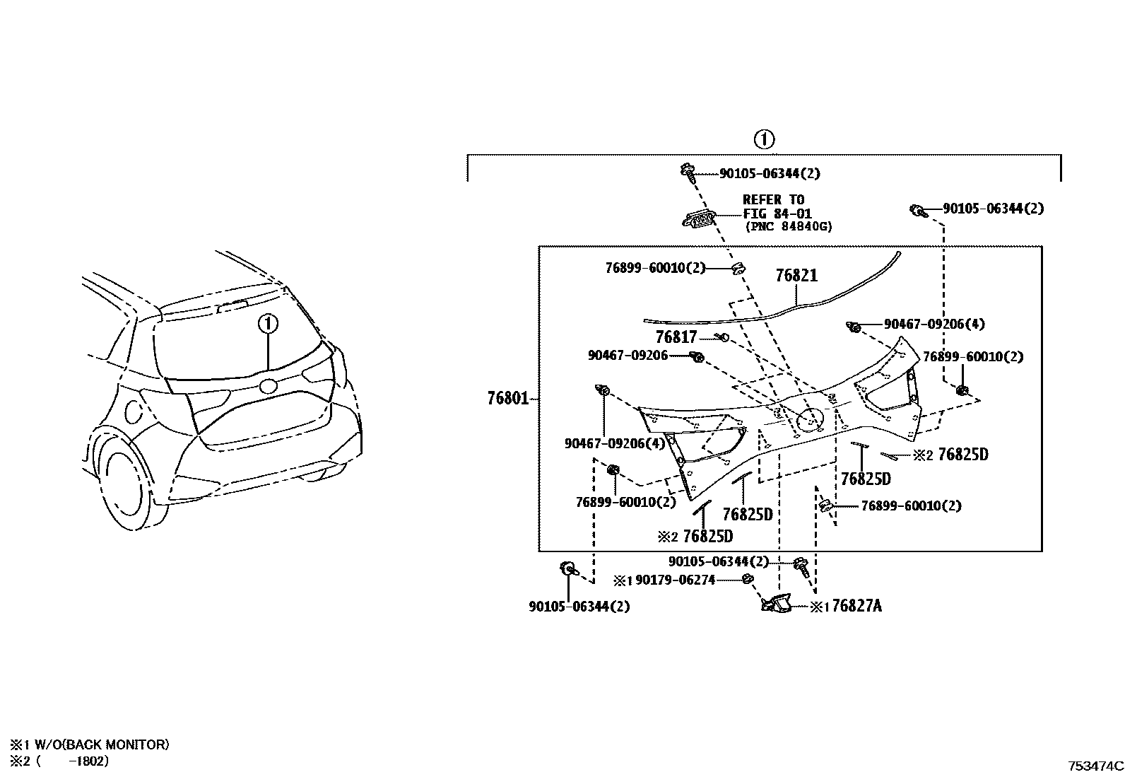 Toyota YARIS 后防护条 EPC diagram — 753474C