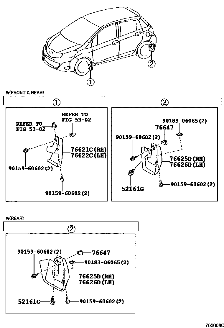 Toyota YARIS 挡泥板和扰流板 EPC diagram — 760808C